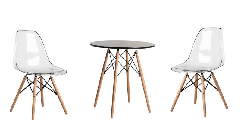 SMTE 3 Piece Modern Wooden Table and Clear Wooden Leg Chairs - Black with keychain