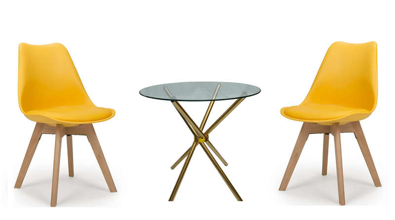 SMTE 3 Piece Table and Wooden Leg Chairs - Yellow, Gold with keychain