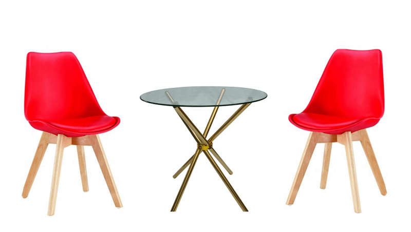 SMTE 3 Piece Table and Wooden Leg Chairs - Red, Gold with keychain