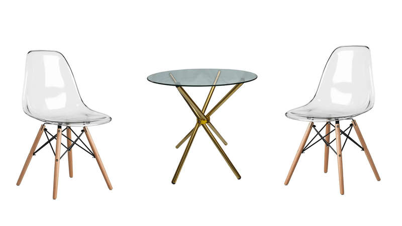 SMTE 3 Piece Glass Table Gold Legs and Clear Wooden Leg Chairs with keychain