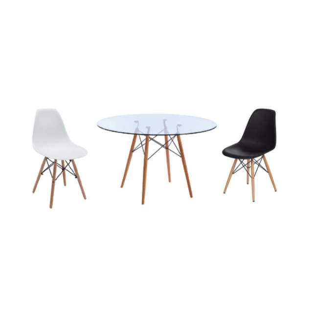 SMTE 3 Piece Glass Table and Wooden Leg Chairs with keychain