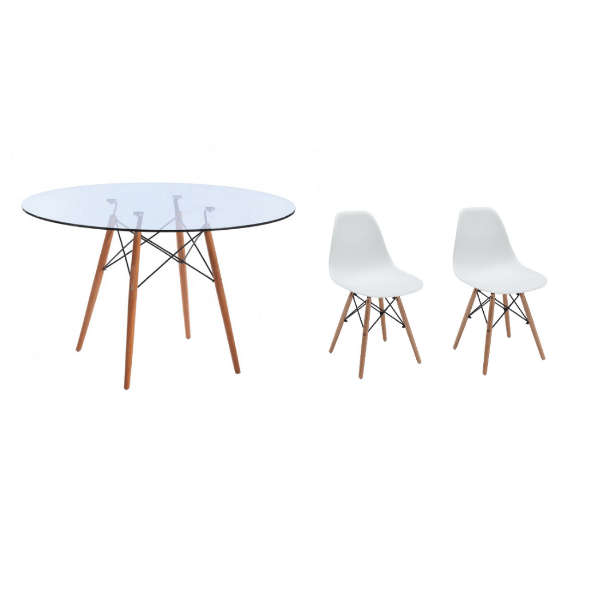 SMTE 3 Piece Glass Table and White Wooden Leg Chairs with keychain