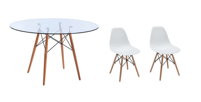 SMTE 3 Piece Glass Table and White Wooden Leg Chairs with keychain