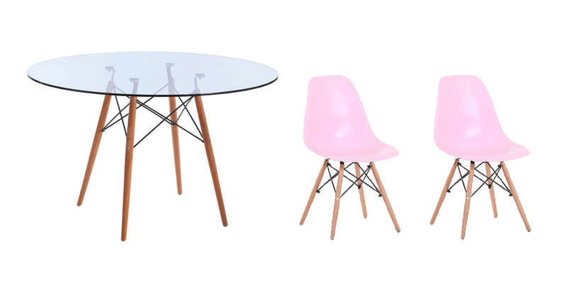 SMTE 3 Piece Glass Table and Pink Wooden Leg Chairs with keychain