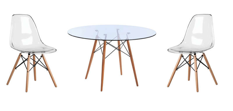 SMTE 3 Piece Glass Table and Clear Wooden Leg Chairs with keychain