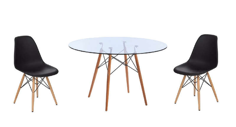 SMTE 3 Piece Glass Table and Black Wooden Leg Chairs with keychain