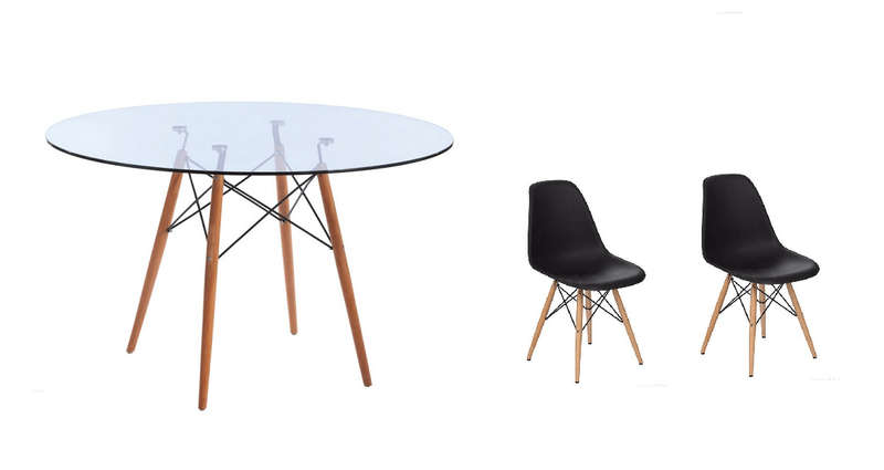 SMTE 3 Piece Glass Table and Black Wooden Leg Chairs with keychain