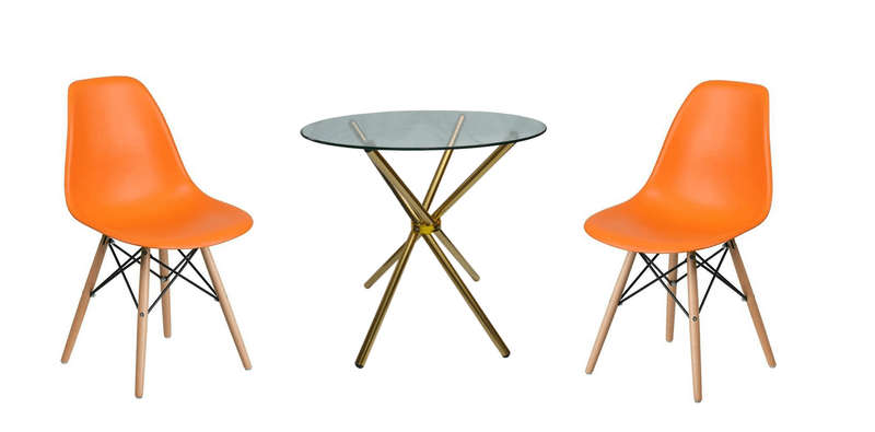 SMTE 3 Piece 80cm Gold Leg Glass Table and Wooden Leg Chairs with keychain