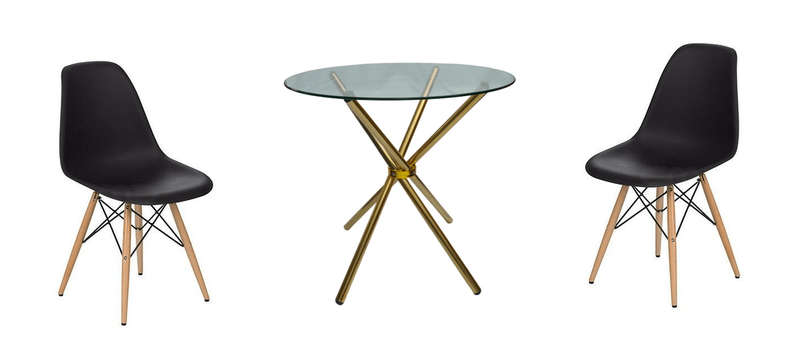 SMTE 3 Piece 80cm Glass Table Gold Legs and Wooden Leg Chairs with keychain