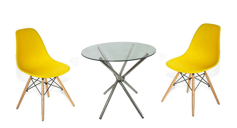 SMTE 3 Piece 80cm Glass Table and Wooden Leg Chairs with keychain