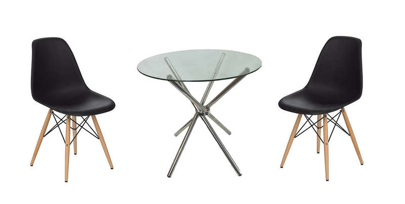 SMTE 3 Piece 80cm Glass Table and Wooden Leg Chairs with keychain