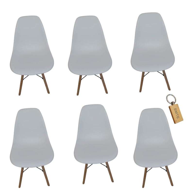 Smte-Plastic Chair With Wooden Leg Set of 6+ SMTE Keychain - White