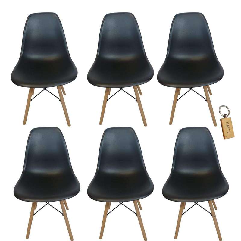 Smte-Plastic Chair With Wooden Leg Set of 6+ SMTE Keychain - Black