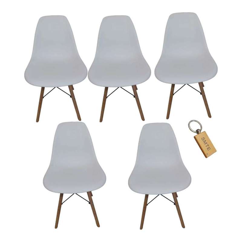 Smte-Plastic Chair With Wooden Leg Set of 5+ SMTE Keychain - White