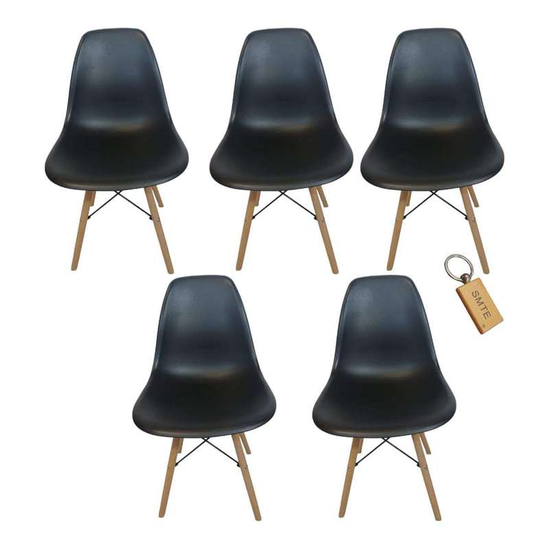Smte-Plastic Chair With Wooden Leg Set of 5+ SMTE Keychain - Black