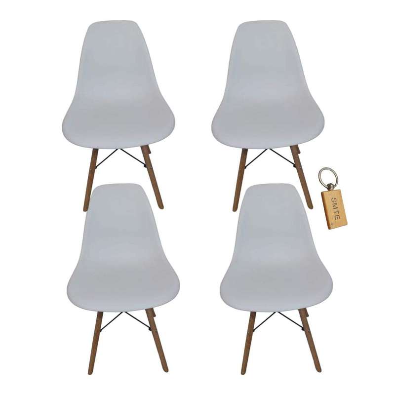 Smte-Plastic Chair With Wooden Leg Set of 4+ SMTE Keychain - White