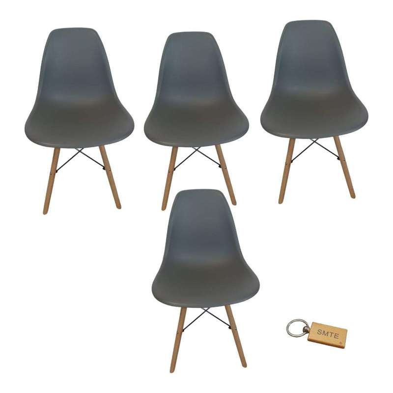 Smte-Plastic Chair With Wooden Leg Set of 4+ SMTE Keychain - Grey
