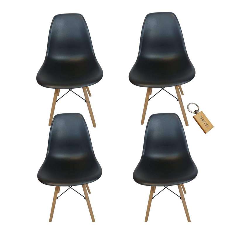 Smte-Plastic Chair With Wooden Leg Set of 4+ SMTE Keychain - Black