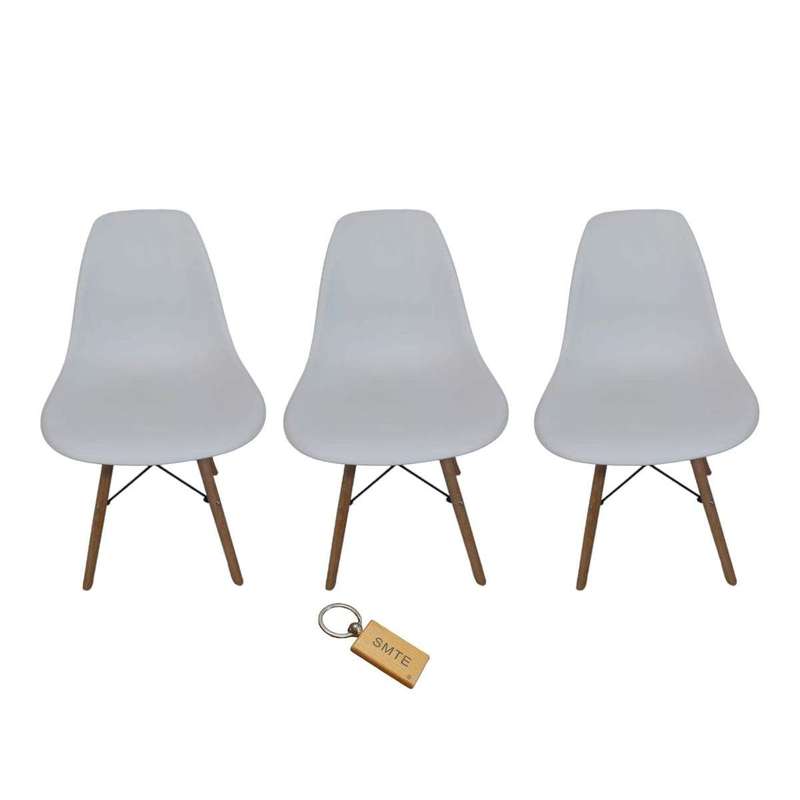 Smte-Plastic Chair With Wooden Leg Set of 3 with SMTE Keychain - White