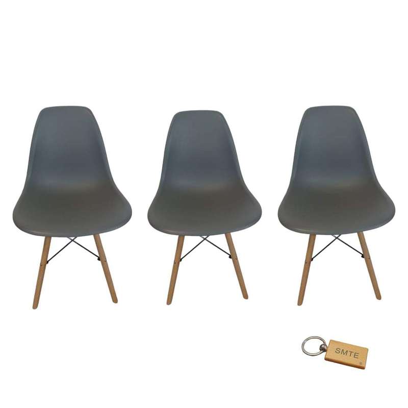 Smte-Plastic Chair With Wooden Leg Set of 3 with SMTE Keychain - Grey
