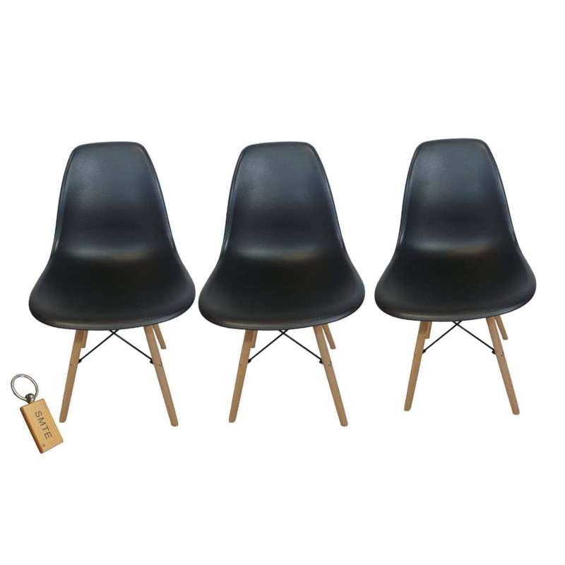 Smte-Plastic Chair With Wooden Leg Set of 3 with SMTE Keychain - Black