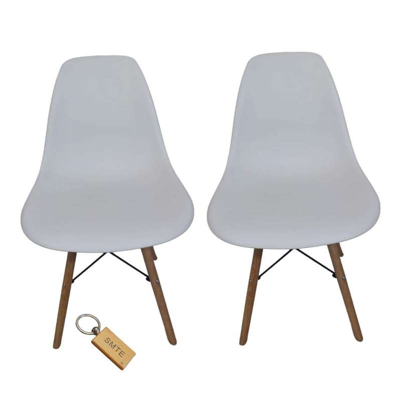 Smte-Plastic Chair With Wooden Leg Set of 2+ SMTE Keychain - White