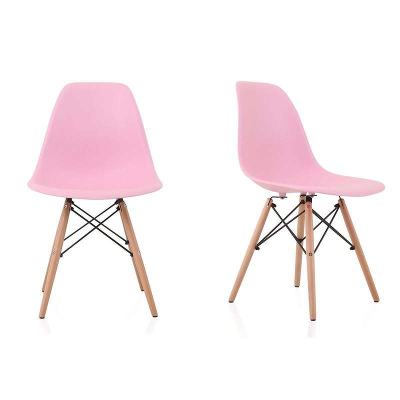 SMTE Set of 2 Mid Century Modern Shell Dining Wooden Dowel Legs Chair - Pink with keychain