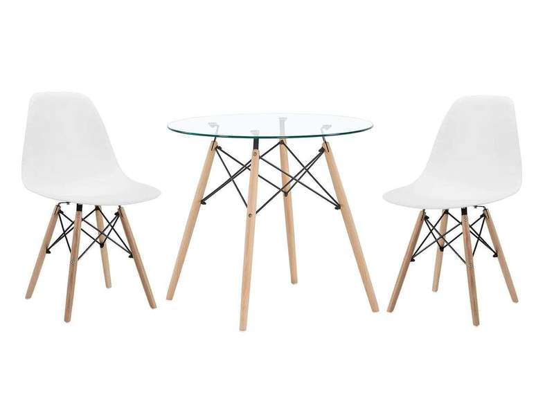 SMTE Round Glass Table and Wooden Leg Chairs (3 Piece with keychain