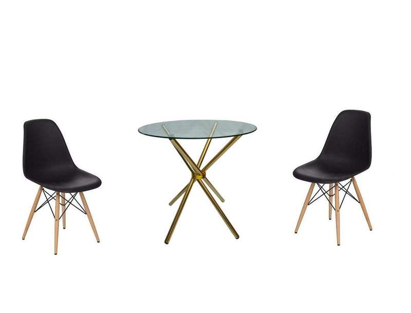 SMTE Proteas 3 Piece 80cm Glass Table Gold Legs and Wooden Leg Chairs with keychain