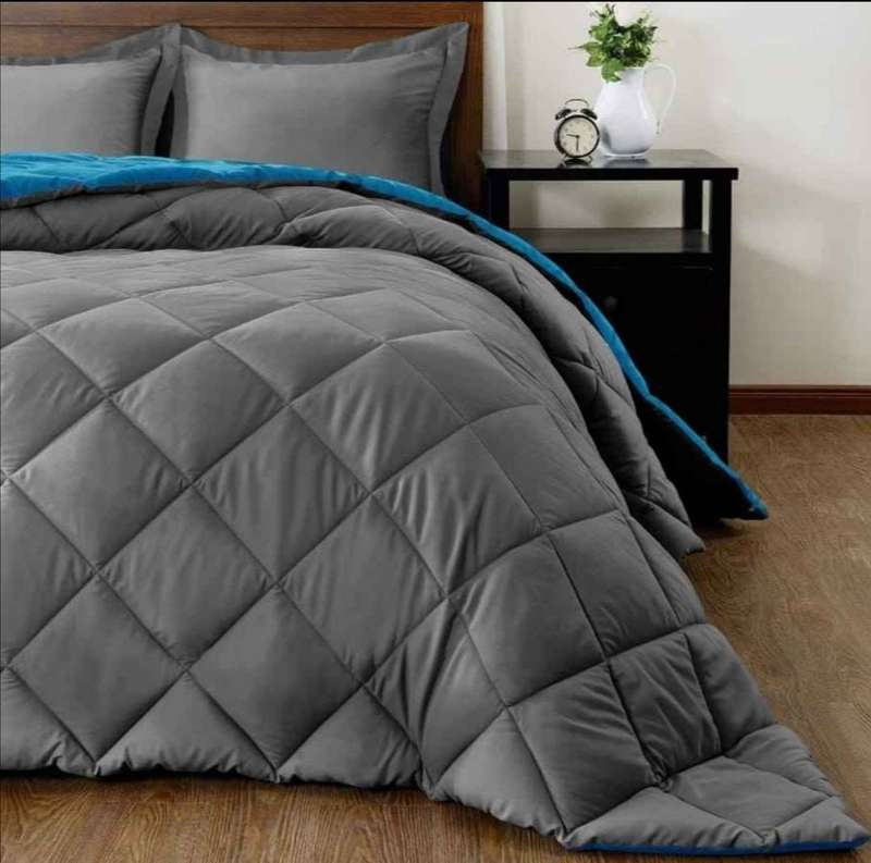 SMTE Reversible Comforter Set 5 Piece Grey/Blue Lightweight Bedspread - Double with keychain