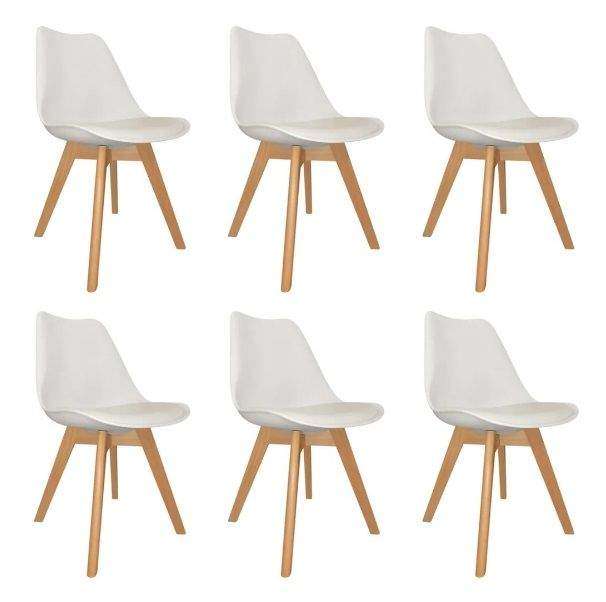 SMTE Padded Seat Wooden Leg Dining Chairs - Pack of Six - White Colour with keychain