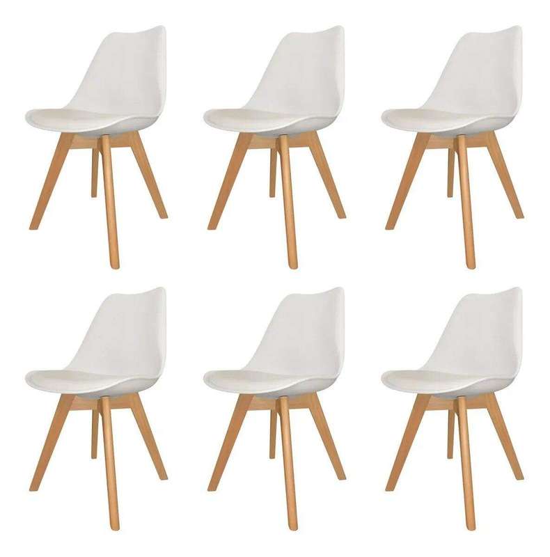 SMTE Padded Seat Wooden Leg Dining Chairs - Pack of Six - White Colour with keychain