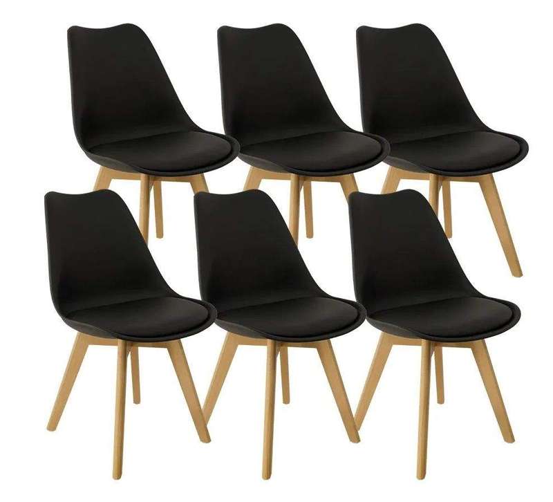 SMTE Padded Seat Wooden Leg Dining Chairs - Pack of Six - Black Colour with keychain