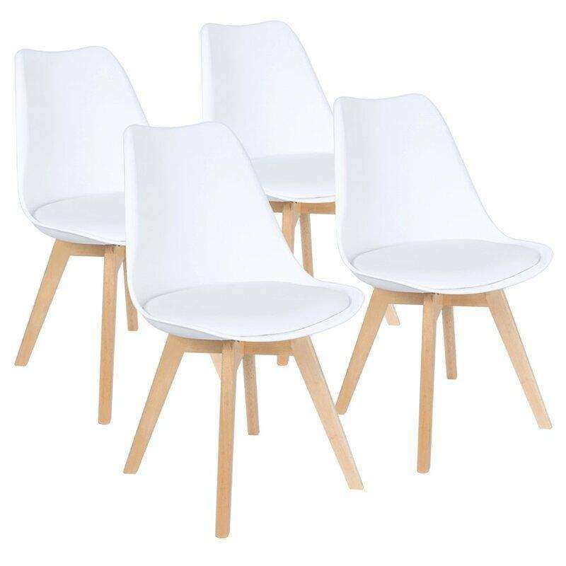 SMTE Padded Seat Wooden Leg Dining Chairs - Pack of Four - White Colour with keychain
