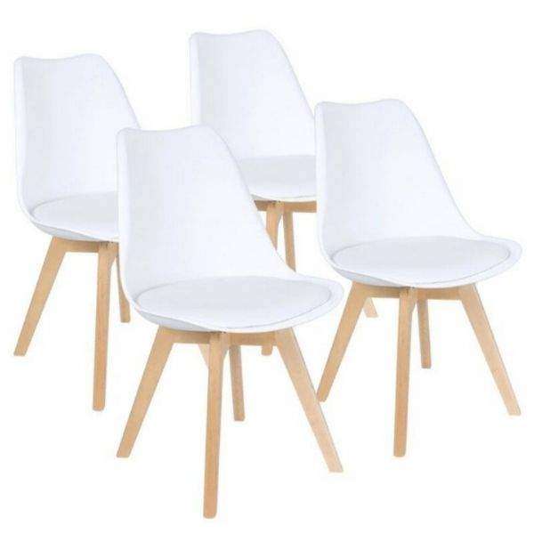 SMTE Padded Seat Wooden Leg Dining Chairs - Pack of Four - White Colour SA with keychain