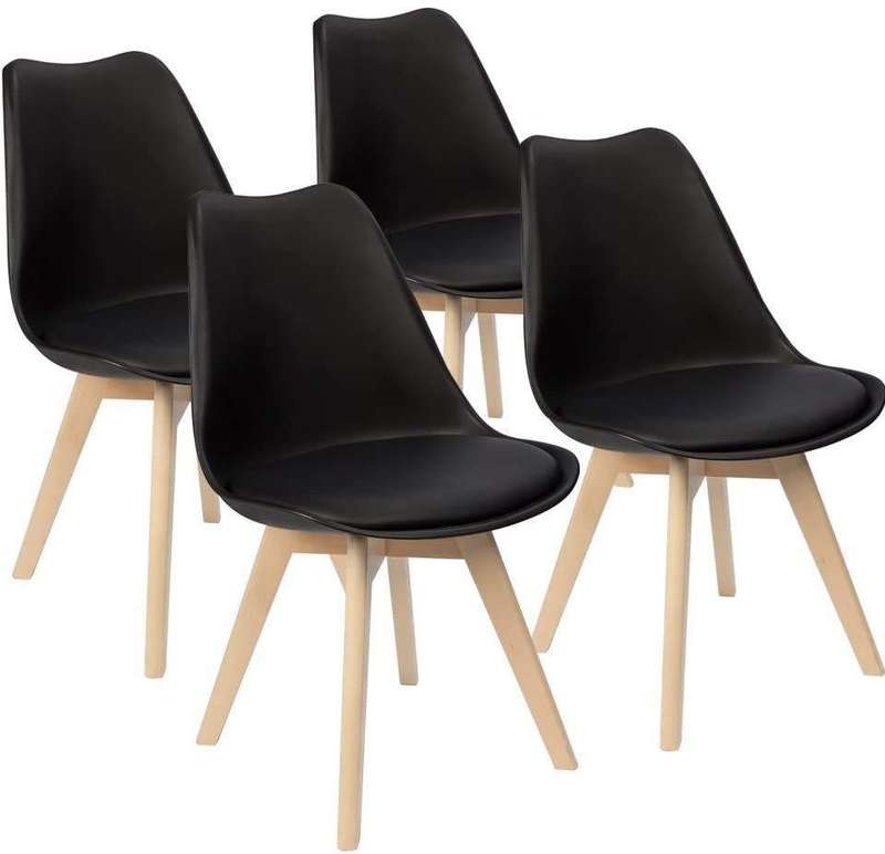 SMTE Padded Seat Wooden Leg Dining Chairs - Pack of Four - Black Colour with keychain