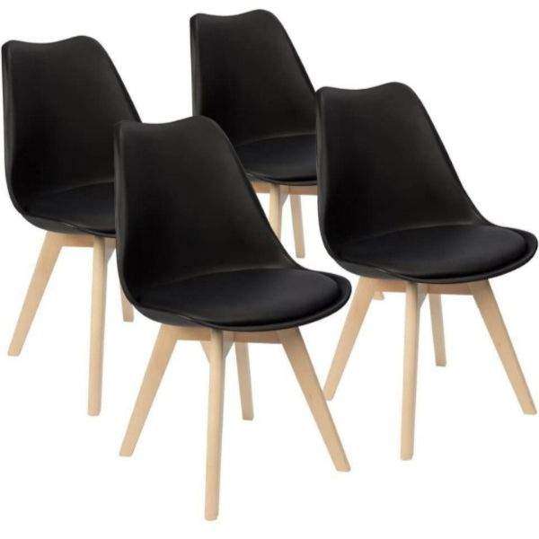 SMTE Padded Seat Wooden Leg Dining Chairs - Pack of Four - Black Colour with keychain