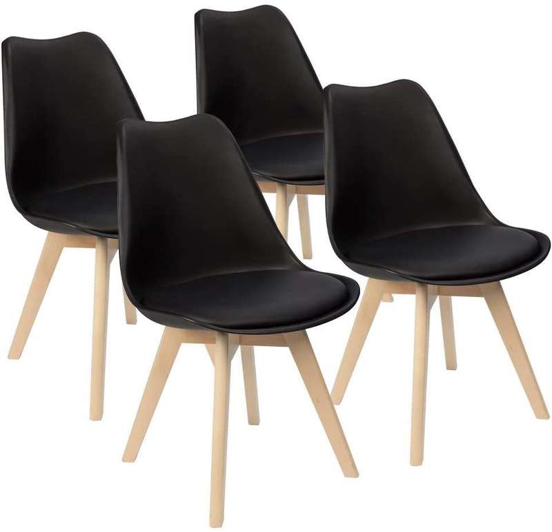 SMTE Padded Seat Wooden Leg Dining Chairs - Pack of Four - Black Colour with keychain