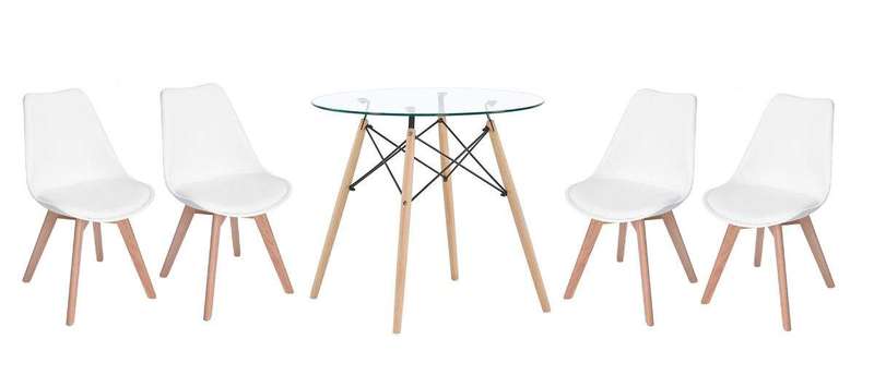 SMTE Modern Wooden Round Dining Table with 4 Set of Soft Padded Chairs - White with keychain