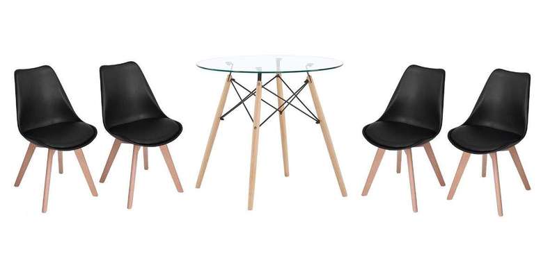 SMTE Modern Wooden Round Dining Table with 4 Set of Soft Padded Chairs - Black with keychain