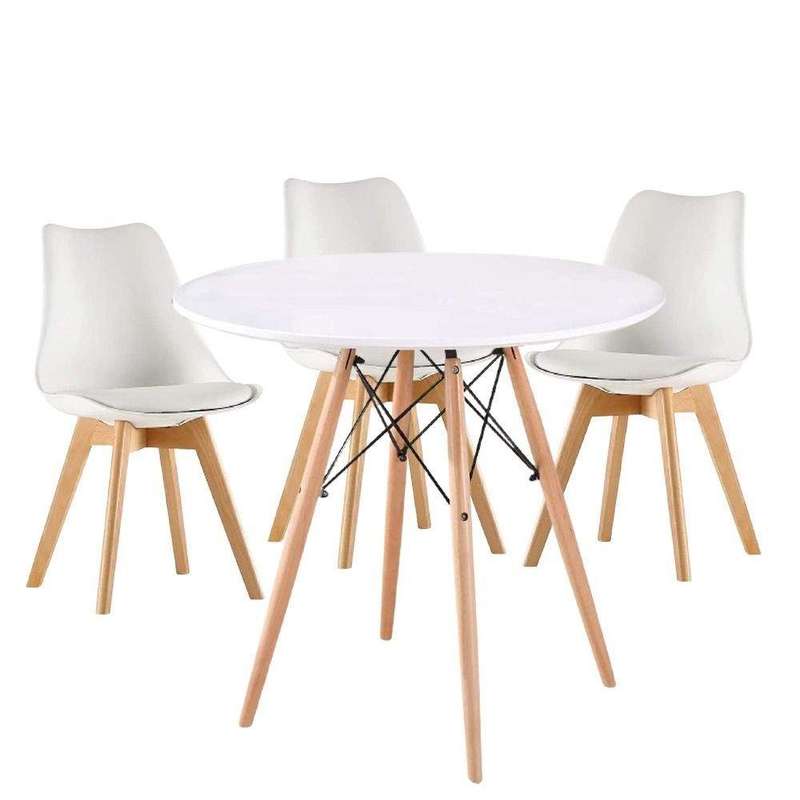 SMTE Modern Wooden Round Dining Table with 3 Set of Soft Padded Chairs Set-White with keychain