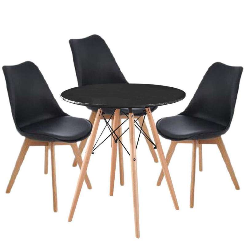 SMTE Modern Wooden Round Dining Table with 3 Set of Soft Padded Chairs Set-Black with keychain