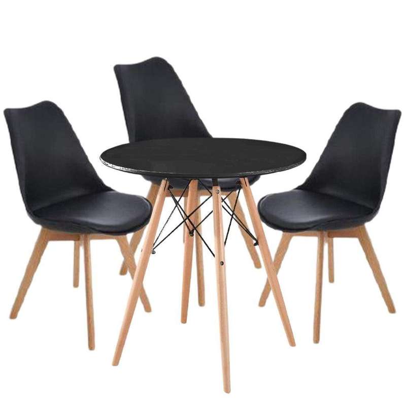 SMTE Modern Wooden Round Dining Table with 3 Set of Soft Padded Chairs Set-Black with keychain