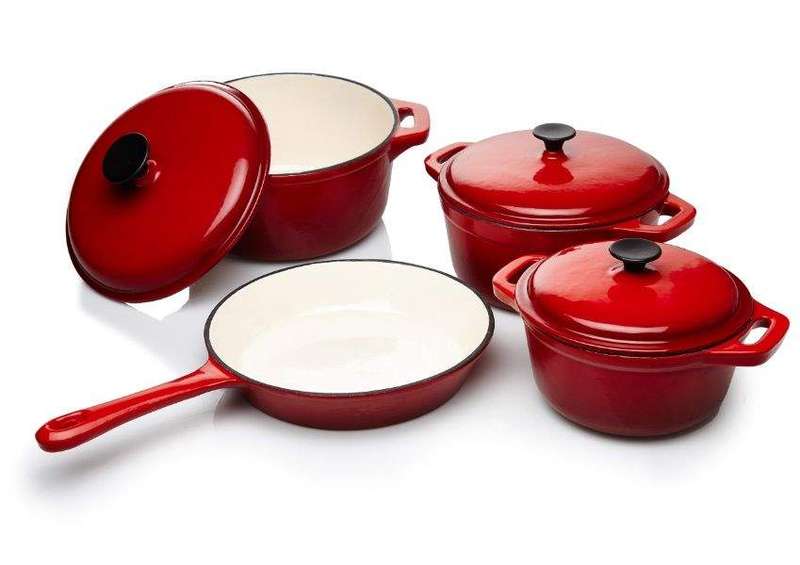 SMTE Rystel Seven Piece Cast Iron Enamel Cookware Pot Set - Red with keychain