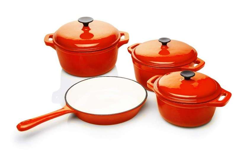 SMTE Cast Iron Enamel Pot Set 7 Piece Orange with keychain