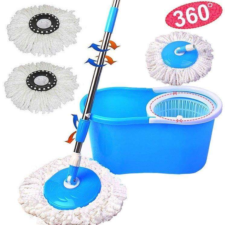 SMTE Rotating 360 Spin Mop And Plastic Bucket Set - Blue with keychain