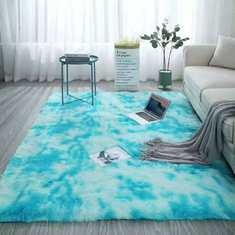 SMTE 150 x 180cm Plush Two Tone Fluffy Carpet - Shaggy & Foldable Rugs - Cyan with keychain