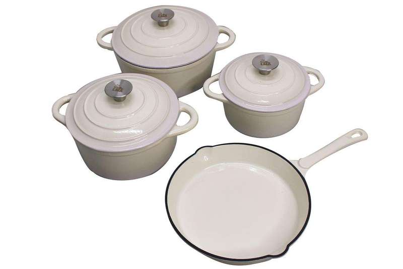 SMTE Stunning - 7 Piece New Design Dutch Pot Cookware Sets Cast Iron - White with keychain