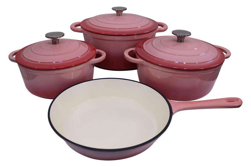 SMTE 7 Piece Glazed Cast Iron Dutch Oven Cookware Pot & Pan Set with keychain