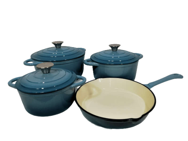 SMTE Pot set 7 Piece Cast Iron Grooved Lid - TURQUOISE with keychain